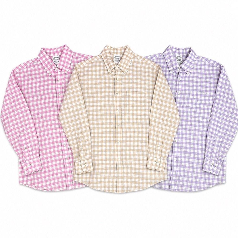 Lot of 3 Brooks Brothers Linen Shirts Men Large Gingham Check Baird McNutt Irish